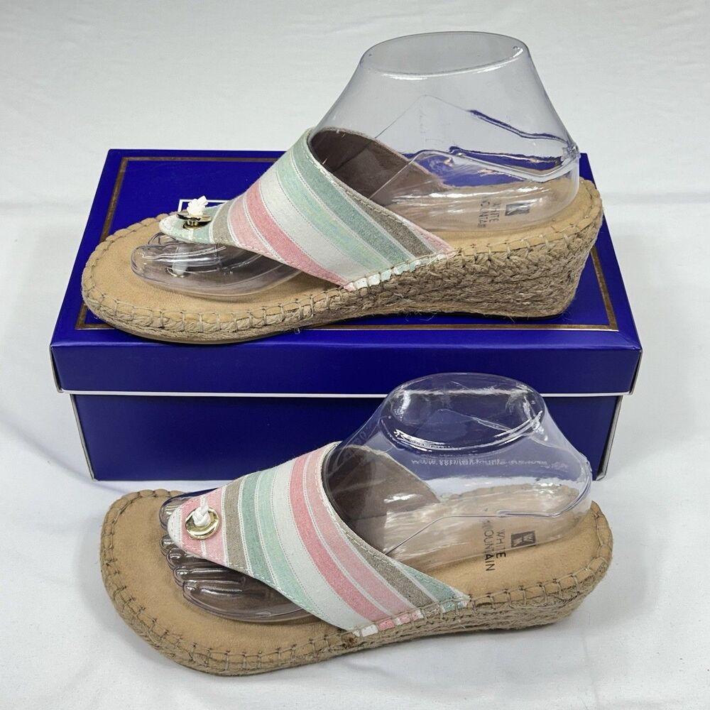 White Mountain Beachball Sandals 8.5 Stripe Wedge Espadrille Thong Flip Flop